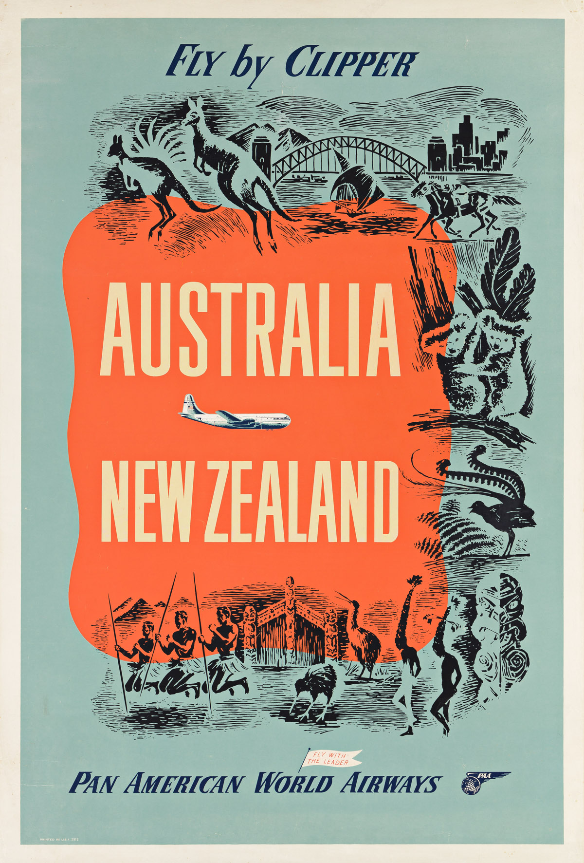 DESIGNER UNKNOWN.  AUSTRALIA / NEW ZEALAND / PAN AMERICAN WORLD AIRWAYS. Circa 1950s. 41¼x27½ inches, 104¾x69¾ cm.